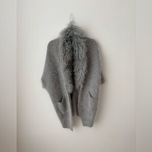 Wool Blend Cardigan Coat With Removable Mongolian Fur Collar Gray Size L